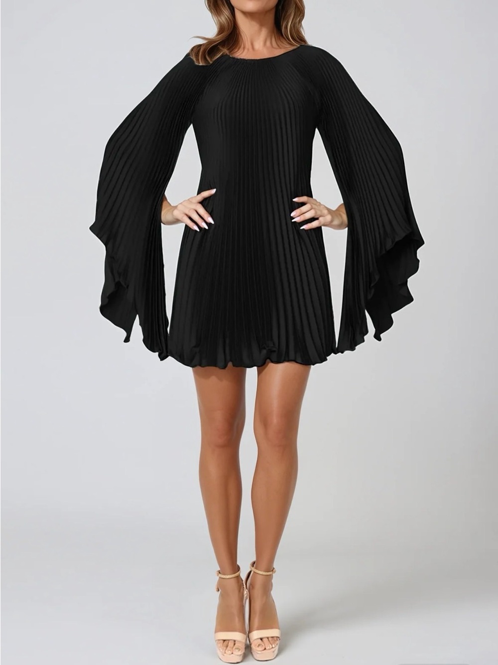 Long sleeve pleated cocktail dress